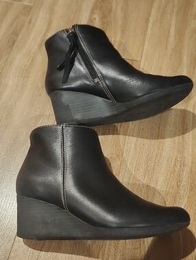 Clarks Black Leather Wedge Ankle Booties